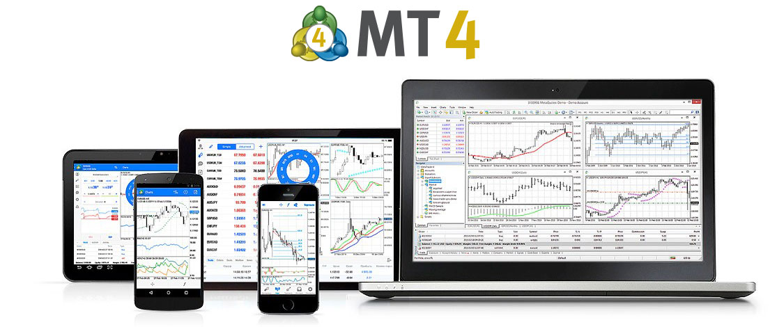 MetaTrader 4 官方产品图：手机、平板与电脑上的交易软件界面
