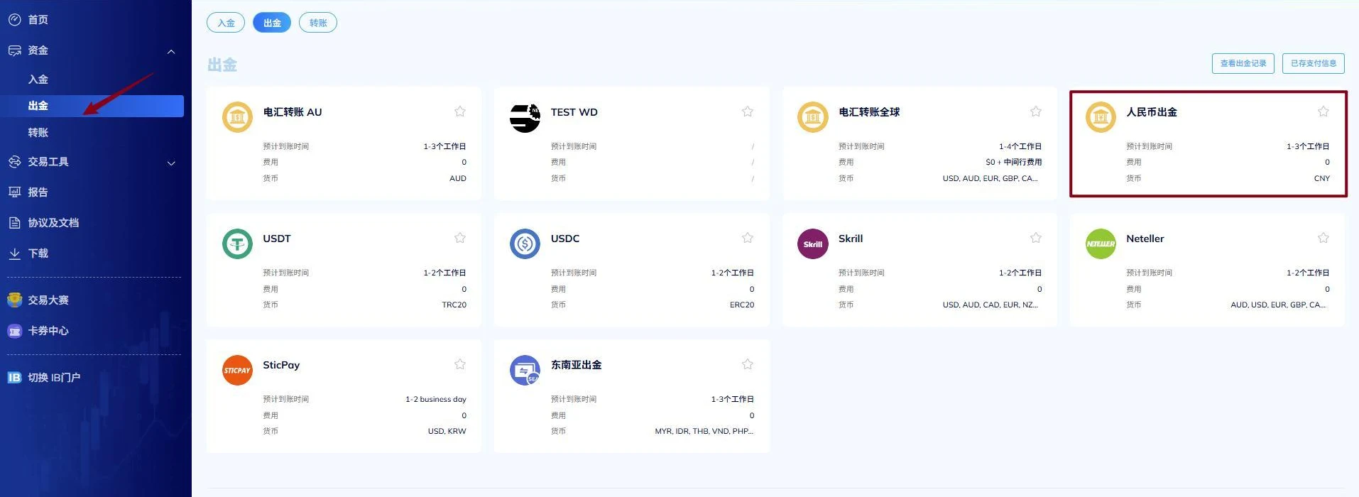 手册第 41 页:进入人民币出金(示例敏感信息已遮盖)