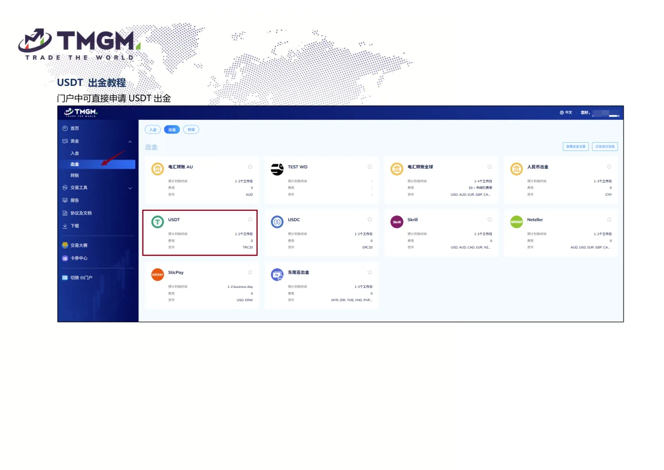 提交 USDT 出金申请操作界面